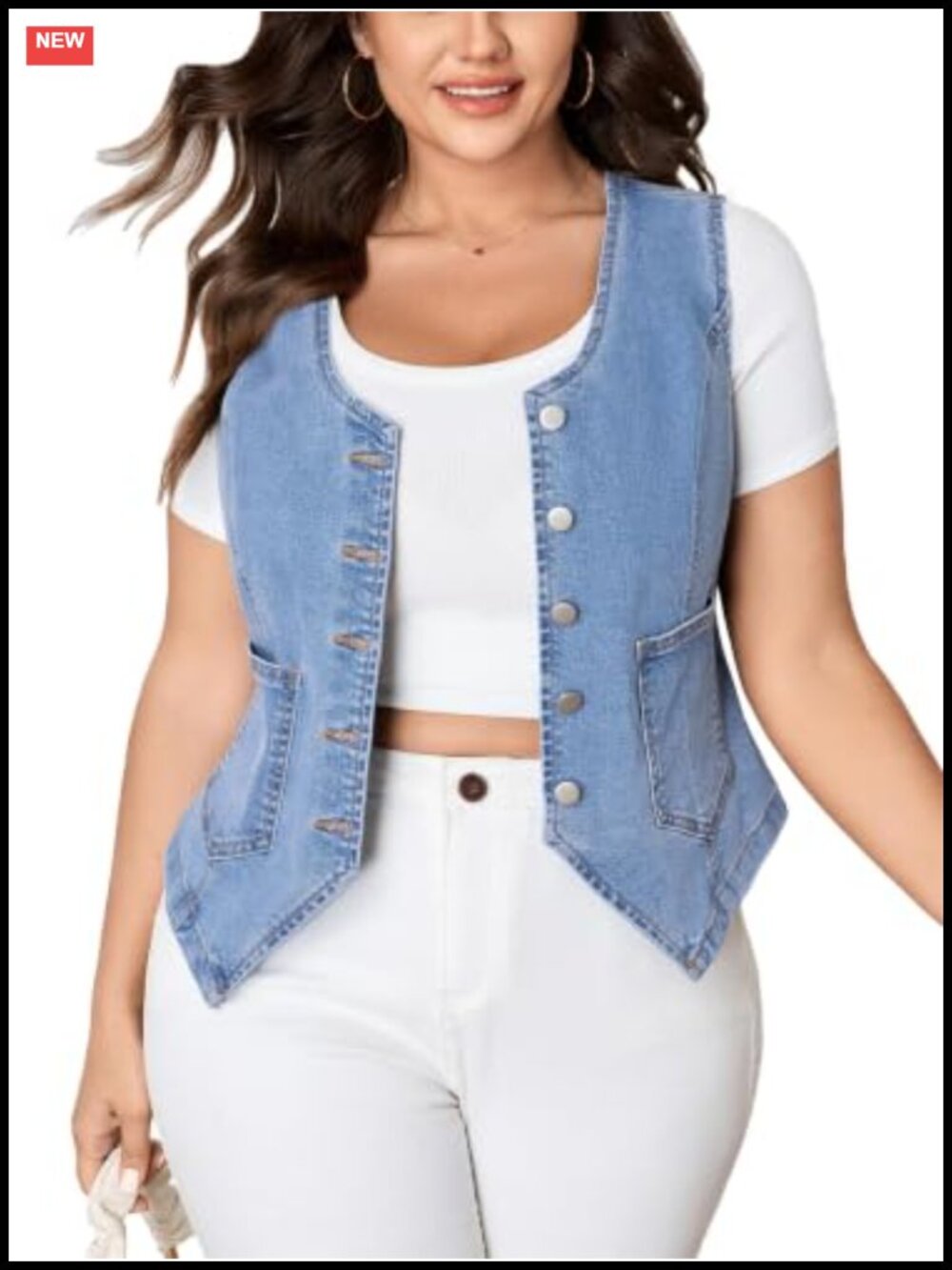 Plus Size Sleeveless Denim Vest Cropped Jean Top Button Down Waistcoat with